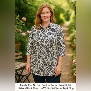 Lands’ End Shirt Women’s 20W Black White 3/4 Sleeve Tunic No Iron Supima‎ Travel